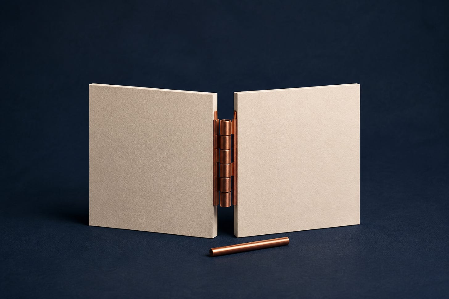 Editorial illustration of two ivory panels and a copper hinge with its pin resting beside it. Editorial illustration of two ivory panels and a copper hinge with its pin resting beside it.