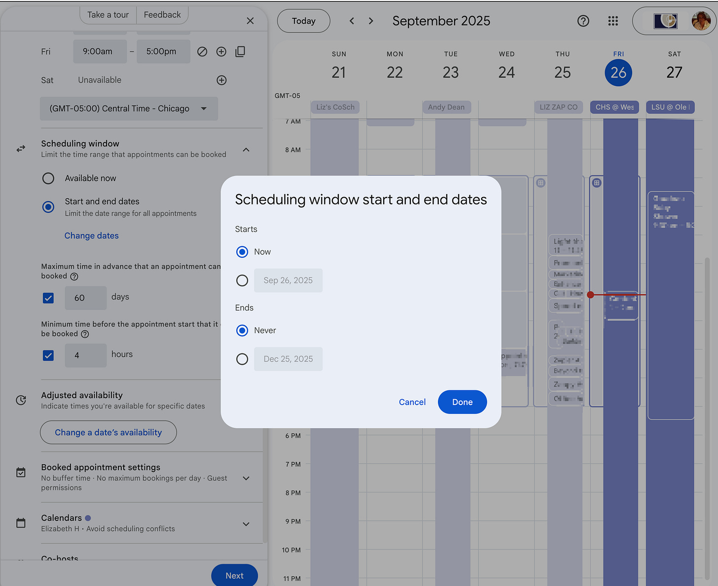 Google Calendar appointment scheduling settings panel showing scheduling window options with "60 days in advance" and "4 hours before" selected, along with other configuration options