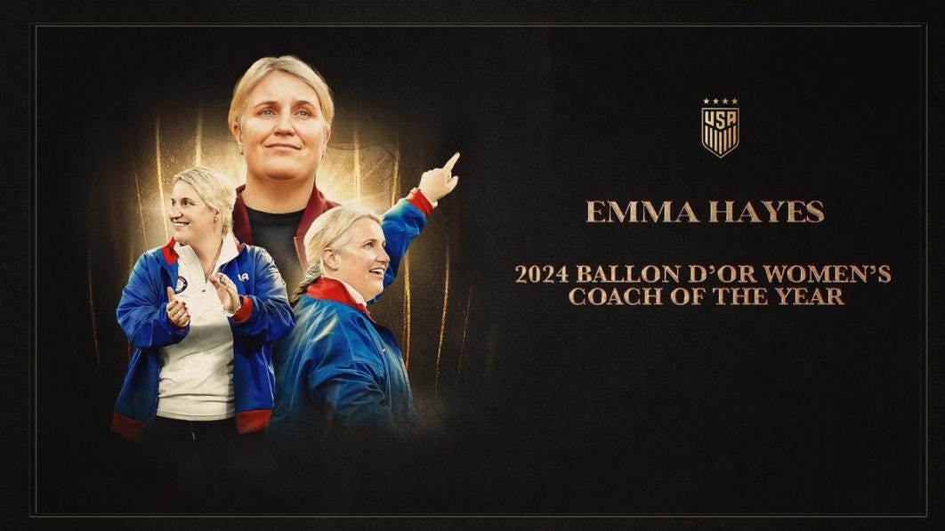 A graphic with photos of Emma Hayes and text EMMA HAYES 2024 BALLON D'OR WOMEN'S COACH OF THE YEAR