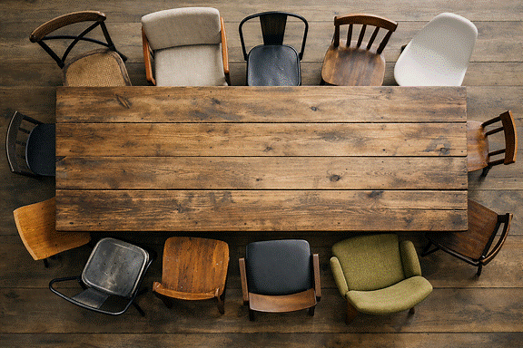 Overhead mismatched chairs around wooden table Overhead mismatched chairs around wooden table