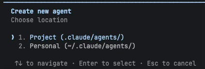 Claude Code /agents create flow choosing location