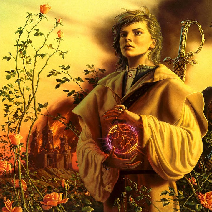 LEFT: Detail from SPELLWEAVERS featuring a female mage conjuring an orb of crackling energy as a castle burns in the background. The artist's MW sigil decorates the scabbard of the sword on her back. The quillons and knuckle guard are decorated with thorns and leaves thematically tying to the tall roses in the immediate background. RIGHT: Close detail from SPELLWEAVERS featuring rose blossoms and thorny thicket in the immediate background. Foremost among the figures lurking behind the female mage is a dark cloaked man wielding a long single edge sword. Behind him in profile is a female with hoop earring and broad cloth holding back blonde hair. She rests a spear on her shoulder. Her cloak is lighter with a tasseled trim.