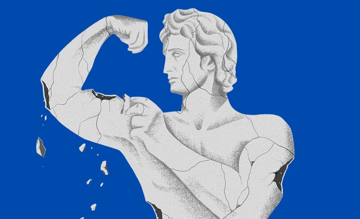image of cracked classical statue of a man flexing his arm