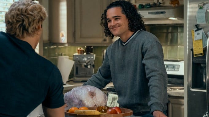 L-R: Dean Di Laurentis (Stephen Thomas Kalyn) and John Tucker (Jalen Thomas Brooks) in OFF CAMPUS L-R: Dean Di Laurentis (Stephen Thomas Kalyn) and John Tucker (Jalen Thomas Brooks) in OFF CAMPUS