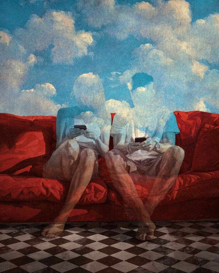 This may contain: two people sitting on a red couch with clouds in the background