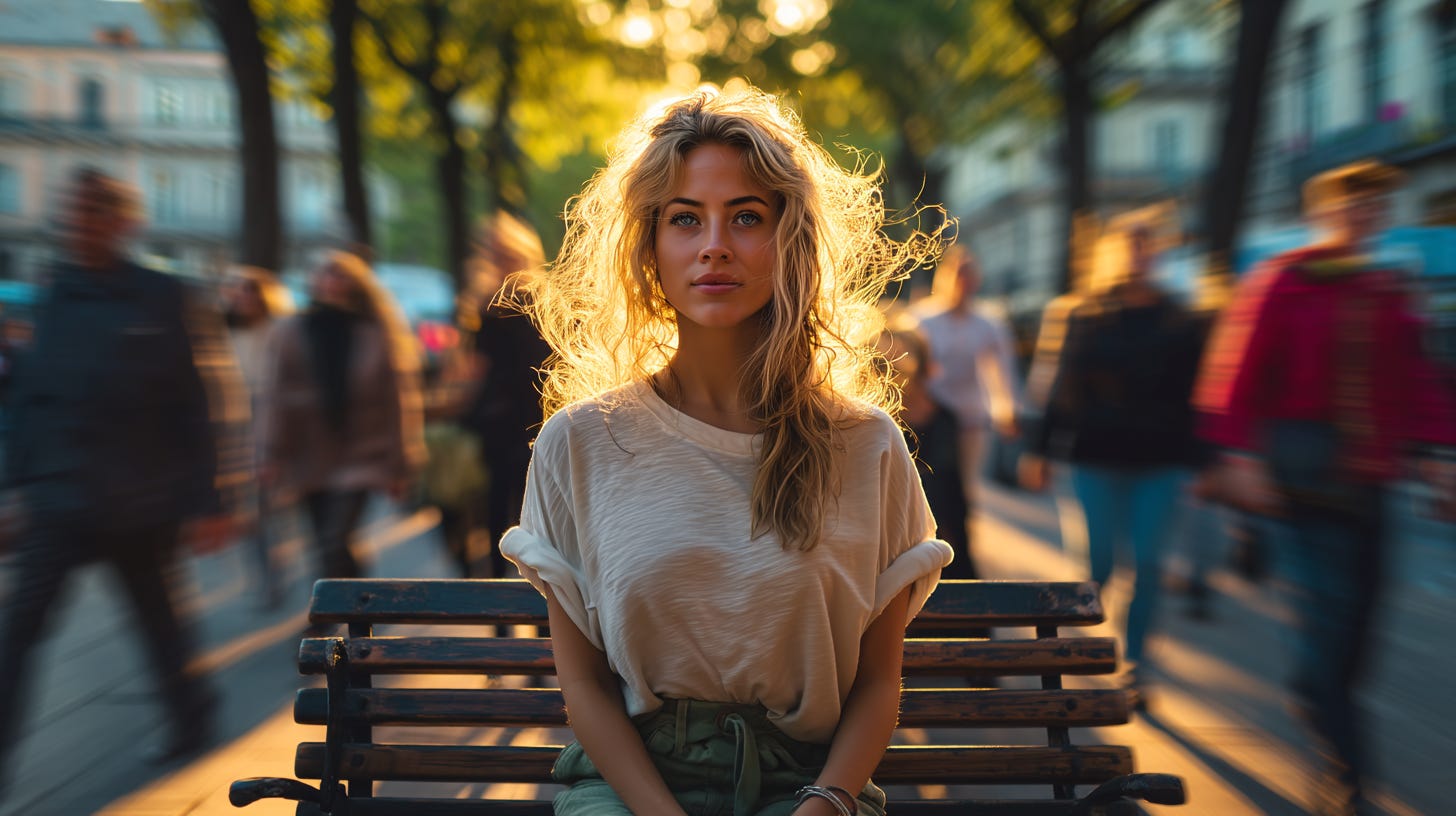 A person sitting calmly on a park bench in golden hour light, surrounded by blurred motion of people rushing past, trees swaying in wind, and city life moving quickly around them 