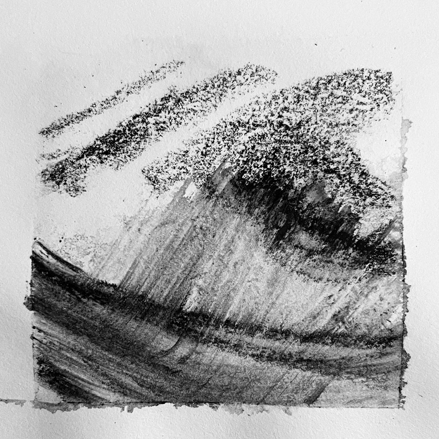 Water soluble ink sketch of rain-bearing clouds over a hill by artist Michela Griffith