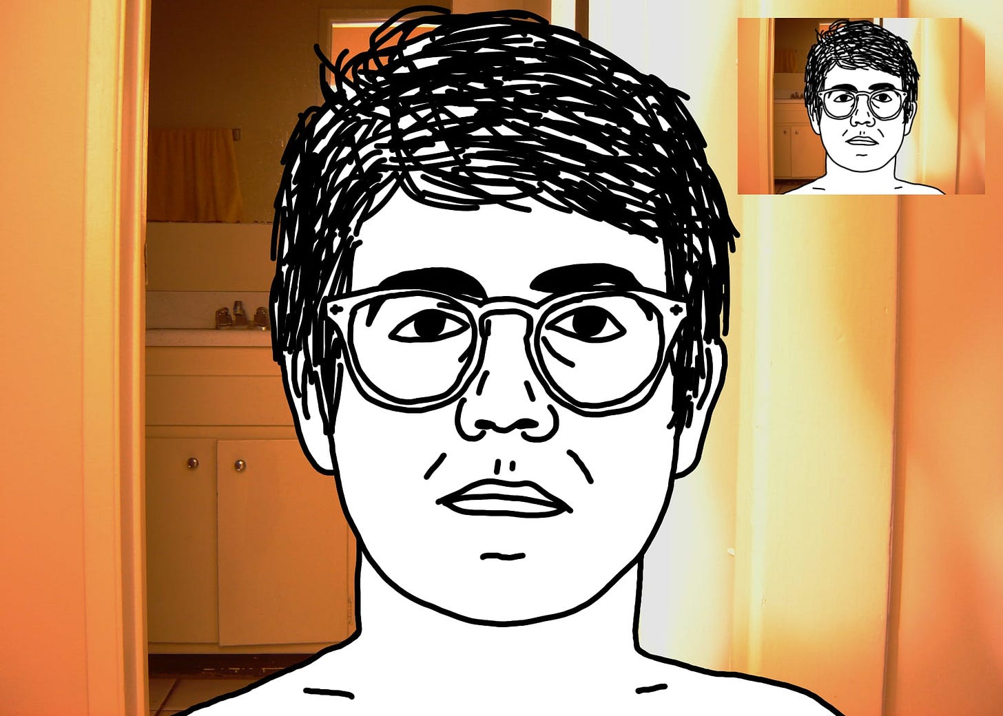 A black line drawing of Alex, the protagonist of "I Hear You Watching." He is white, short messy parted hair, glasses. He stares straight at you, unsmiling. Behind him is a photo of a bedroom door leading to a bathroom. In the upper corner is a picture-in-picture of this same image, as if Alex were video chatting with himself.
