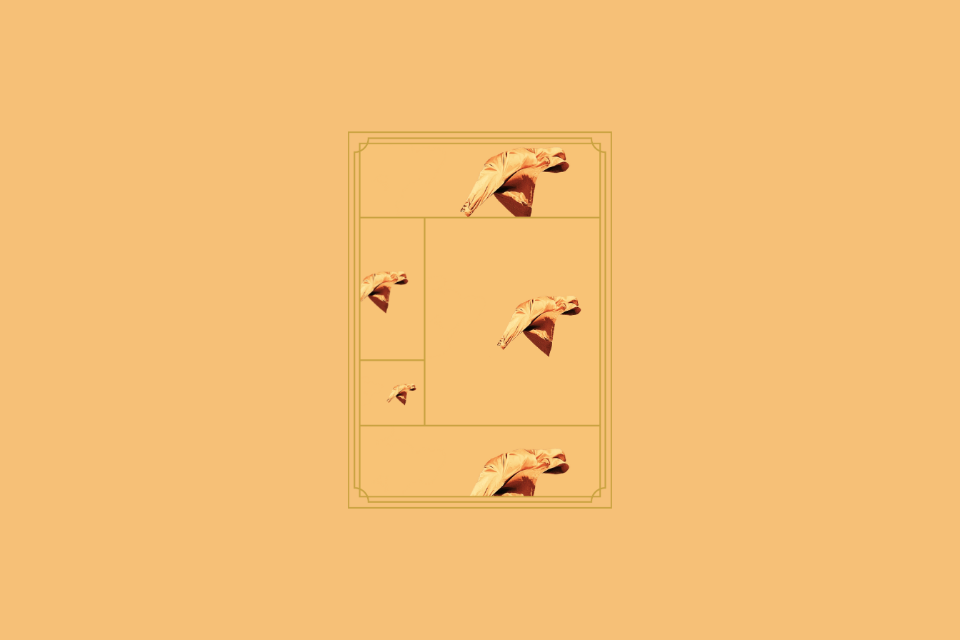 A geometric study from The Subtext Review's Viewlines gallery, featuring fragments of the artwork "A Short-Term Lease on the Air" arranged within a golden ratio grid against an ochre orange background.
