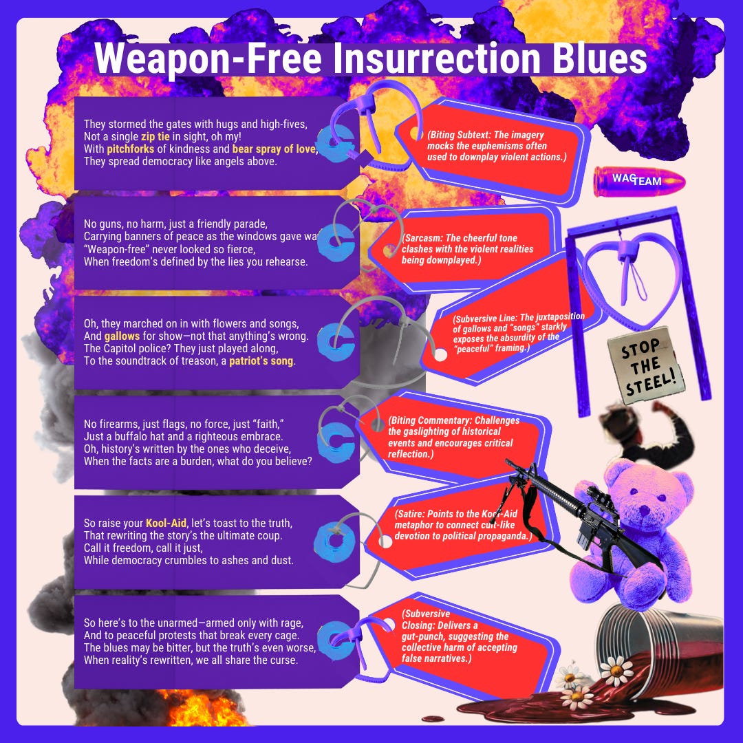 A lyric sheet dissecting the art of historical revisionism, complete with helpful annotations pointing out the gaslighting. Features a militant teddy bear that somehow makes the whole thing even more disturbing.