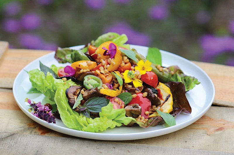 Harvest Salad with Fresh and Grilled Vegetables and Tomato-Basil Dressing