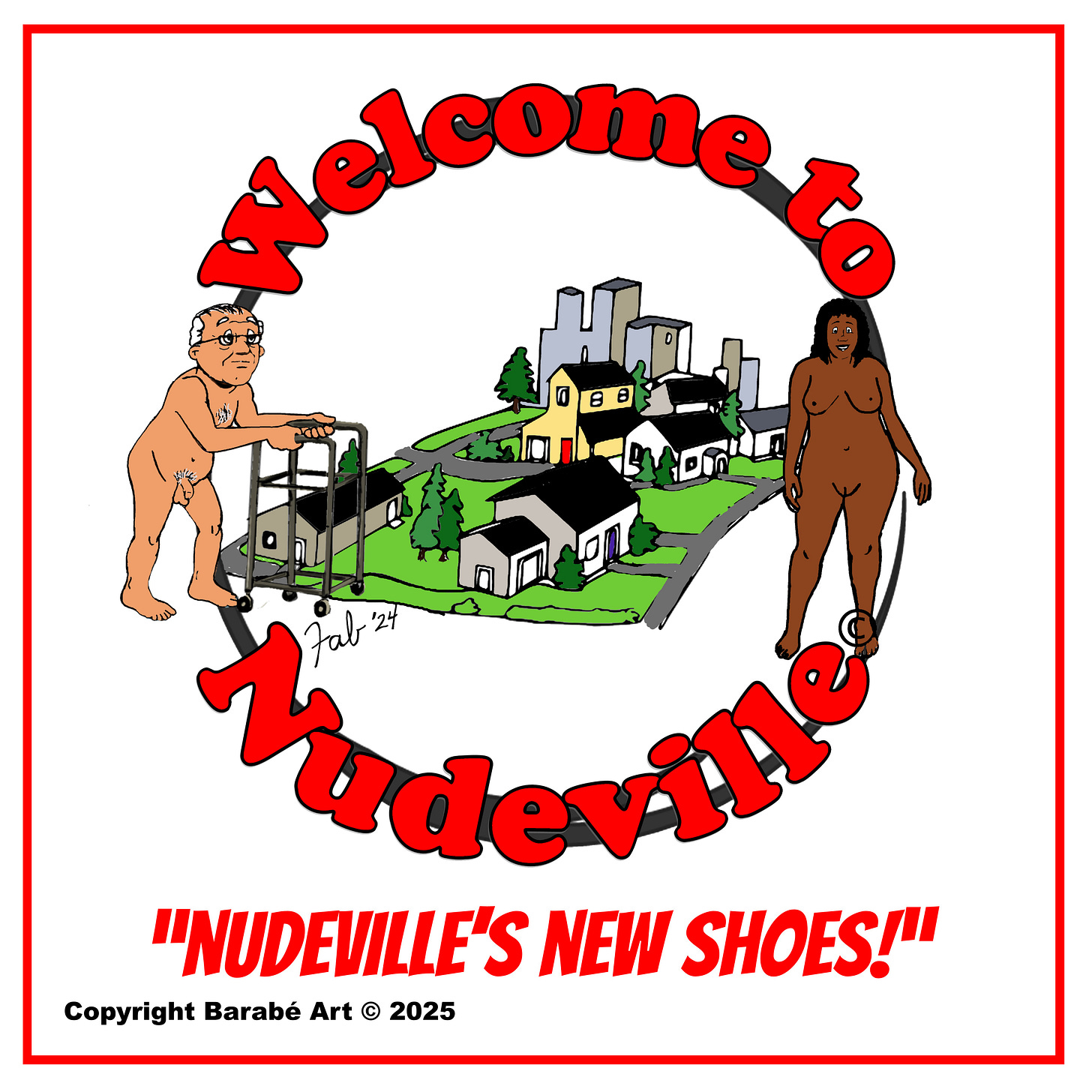 Panel 1: The Welcome to Nudeville logo appears with the subtitle “Nudeville’s New Shoes!”