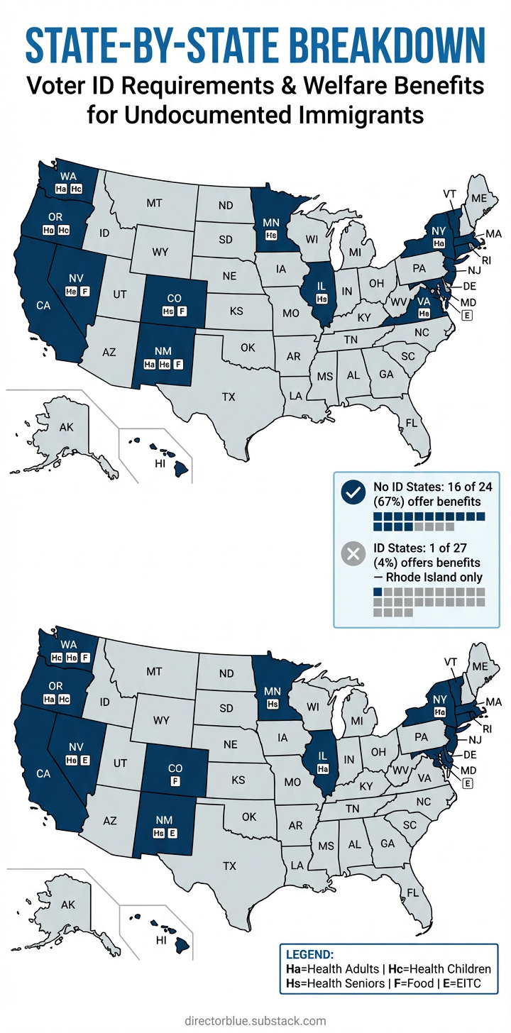  20 A 1x2 vertical infographic featuring a detailed US choropleth map Title at top STATE-BY-STATE BREAKDOWN Map uses two-color scheme dark blue for No Effective Voter ID states (California New York Illinois Washington Oregon Massachusetts et_image_1
