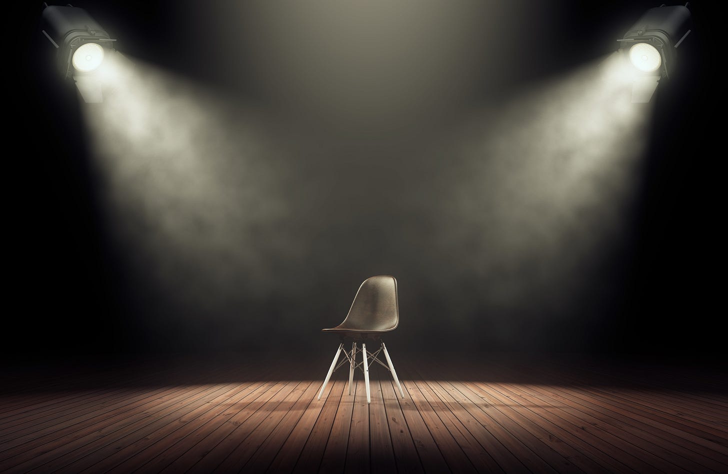 Spotlights illuminate empty stage with chair in dark background. 3d  rendering - Proscribe