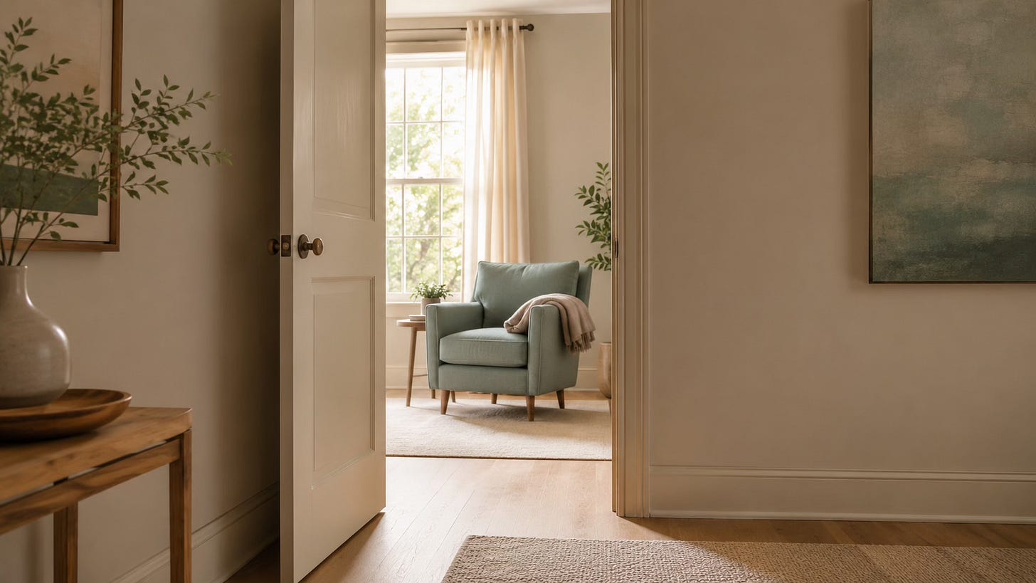 Partly open doorway into a calm warm room, suggesting a safe and paced transition into emotional support.