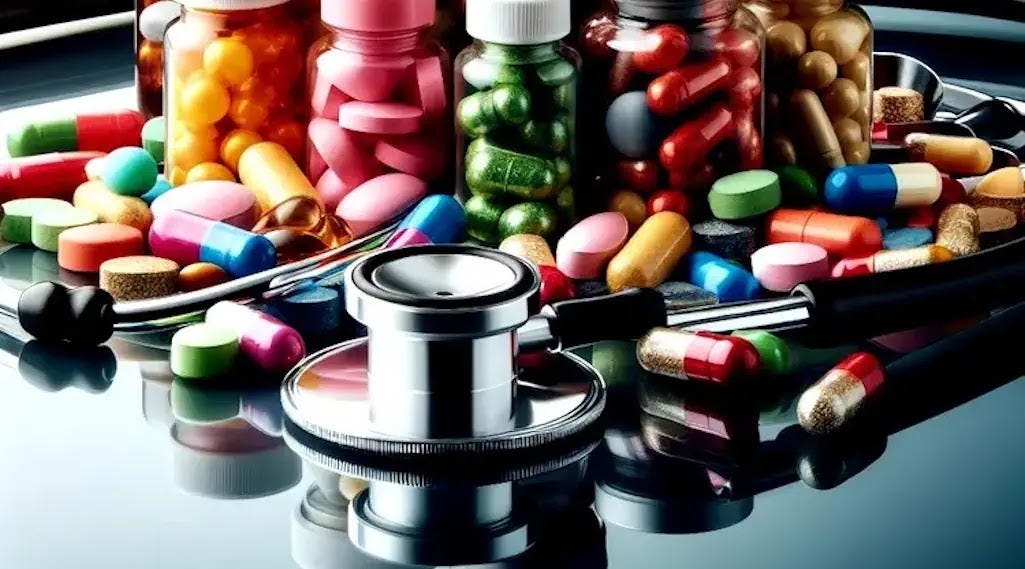 A vibrant array of supplement bottles filled with gleaming capsules is displayed alongside two stethoscopes on a polished surface. The colorful bottles contrast with the sleek professionalism of the stethoscopes, blending health and wellness.
