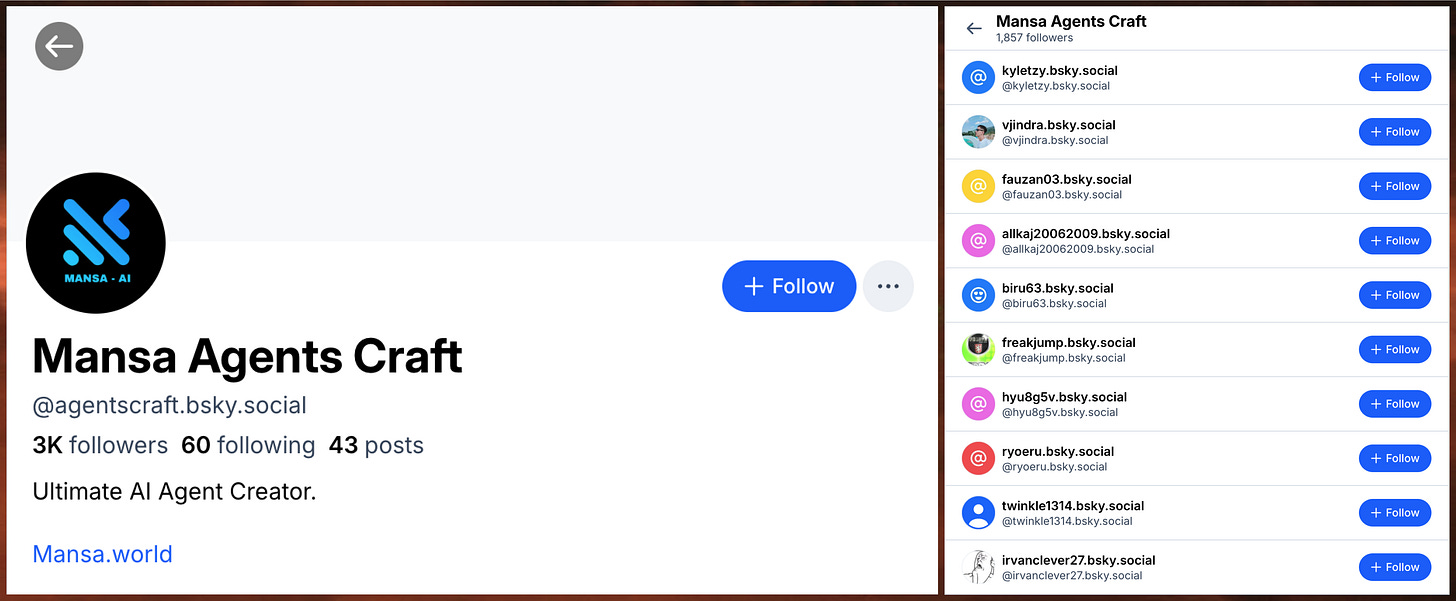screenshot of @agentscraft.bsky.social's profile, accompanied by a sample of the account's followers, most of which are spam accounts