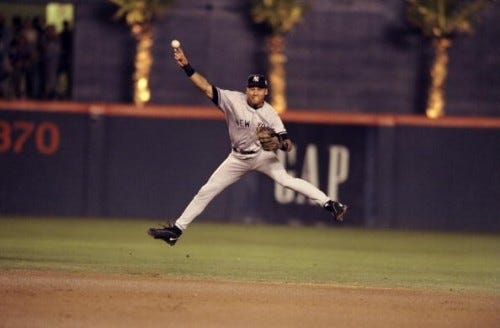 Jeter trademarked his jump throw in the hole Jeter trademarked his jump throw in the hole