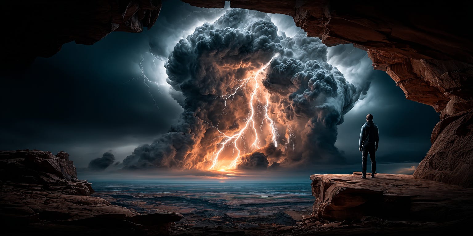 A person standing at the edge of a cliff facing a massive storm, but the lightning bolts are transforming into golden stepping stones in mid-air, leading upward through dark clouds toward a bright opening in the sky, minimalist style, dramatic lighting, surreal digital art A person standing at the edge of a cliff facing a massive storm, but the lightning bolts are transforming into golden stepping stones in mid-air, leading upward through dark clouds toward a bright opening in the sky, minimalist style, dramatic lighting, surreal digital art