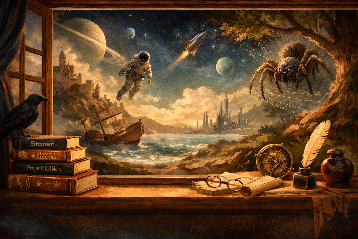 A collage of elements from the books discussed here like astronauts, a copy of Stoner, and a raven.