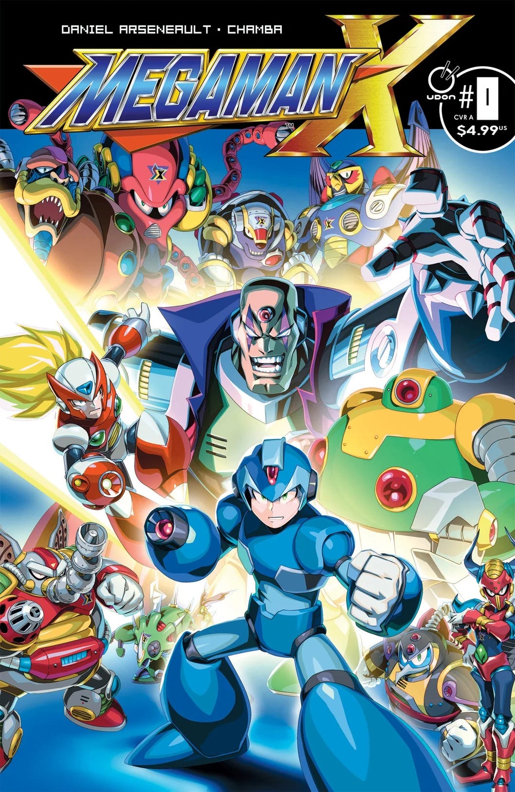 Cover of Mega Man X #0 (CVR A) showing X and Zero front and center, leading a charge against a large group of classic Maverick bosses. The background is brightly lit with energy beams and intense expressions, highlighting a high-stakes battle.