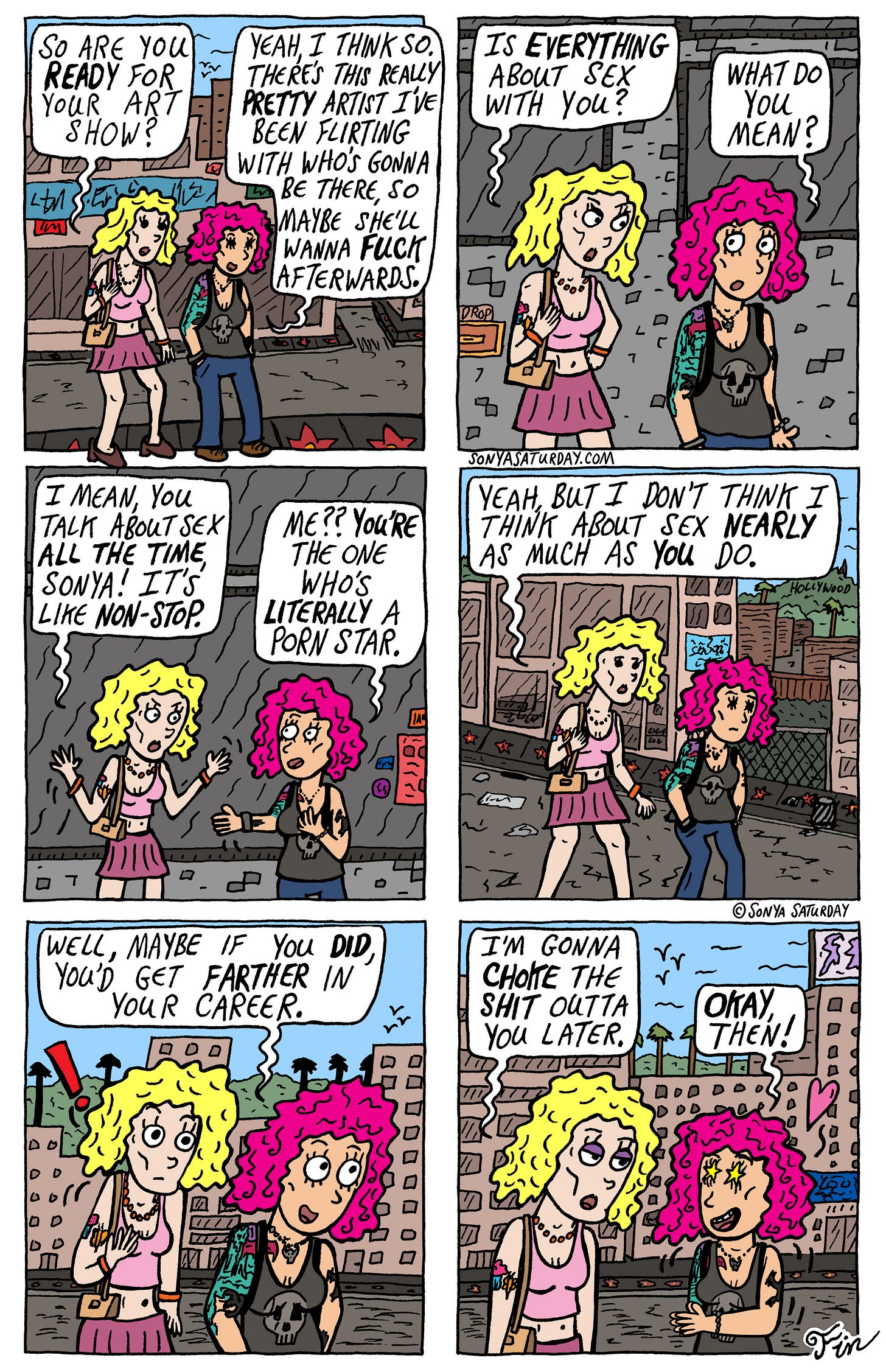 Comic strip about two women walking along Hollywood Blvd