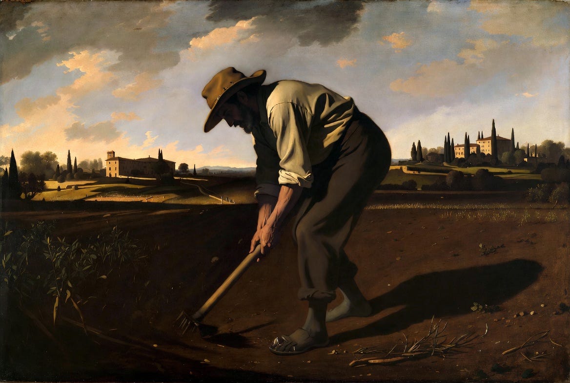 A Caravaggio-style painting of a 14th-century laborer working in a field with wealthy estates in the background.