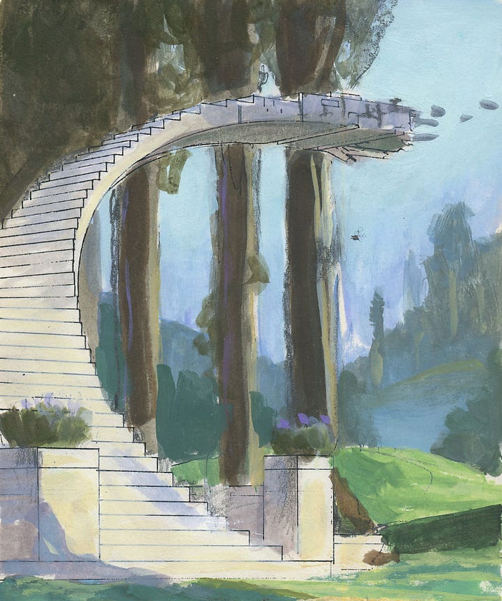 Loosely rendered color studies in traditional media for LANDING. LEFT: The winding staircase set against pastoral background. RIGHT: The figure of the man standing with heart over chest has been added. A rough figure of a robed female stands in the pastoral background.