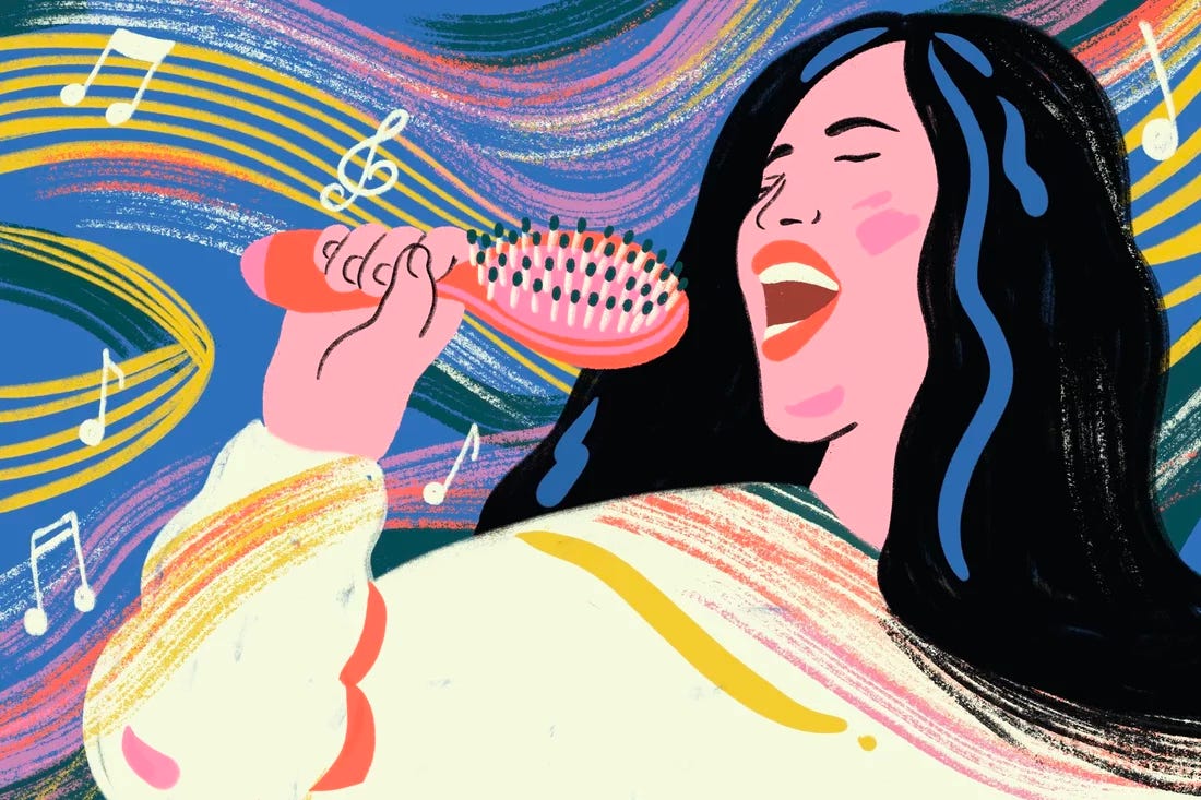 colorful drawing of a dark-haired light-skinned woman singing into a hairbrush she's holding like a microphone