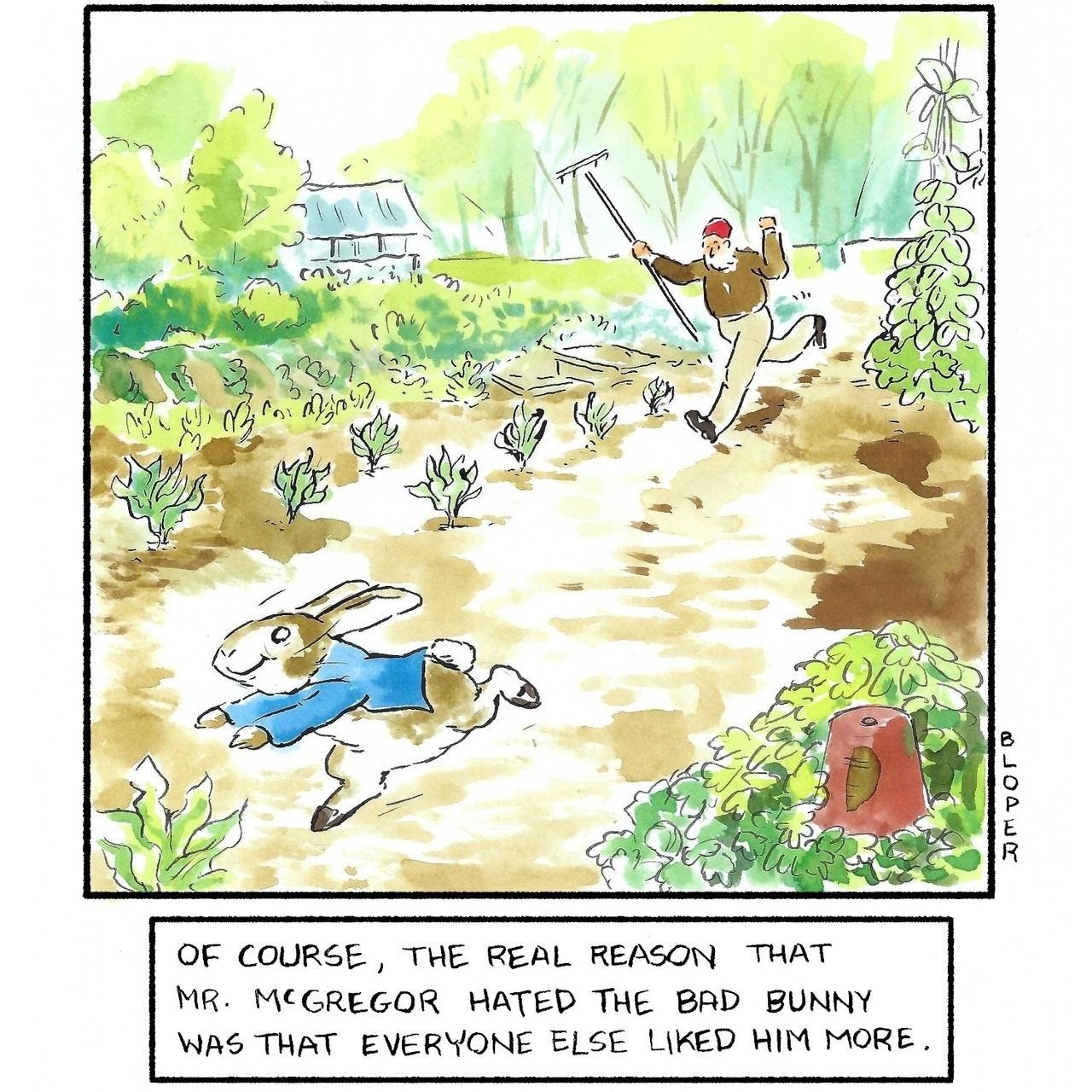 A man holding a rake chases a bunny through his garden. A man holding a rake chases a bunny through his garden.