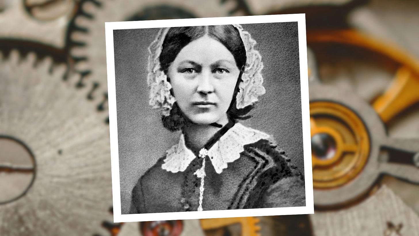 A Polaroid style photograph of Florence Nightingale in a dress with lace collar and bonnet overlays a blurred image of metallic and gold mechanical gears