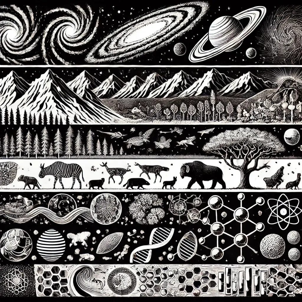 A generated image showing different scales of nature with galaxies at the top and creatures in the middle and atoms and cells at the bottom