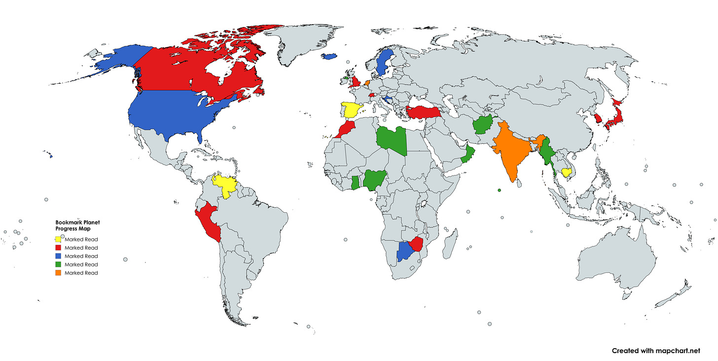 World map with read countries shaded in various colors. 