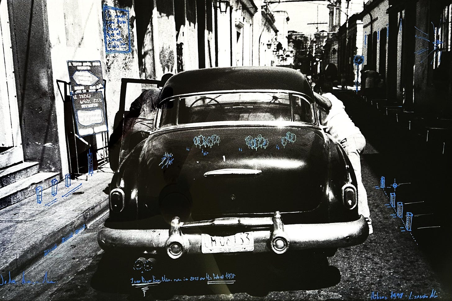 Foto en blanco y negro de una calle de La Habana donde dos personas empujan un auto antiguo, con dibujos y anotaciones a mano en azul sobre la imagen. Foto en blanco y negro de una calle de La Habana donde dos personas empujan un auto antiguo, con dibujos y anotaciones a mano en azul sobre la imagen.