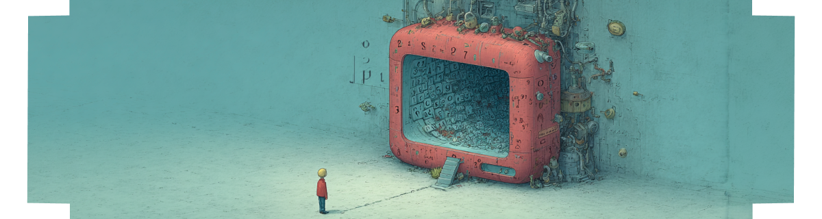 Person in a red jacket stands before a large red machine embedded in a wall, displaying numeric codes inside a deep screen tunnel.