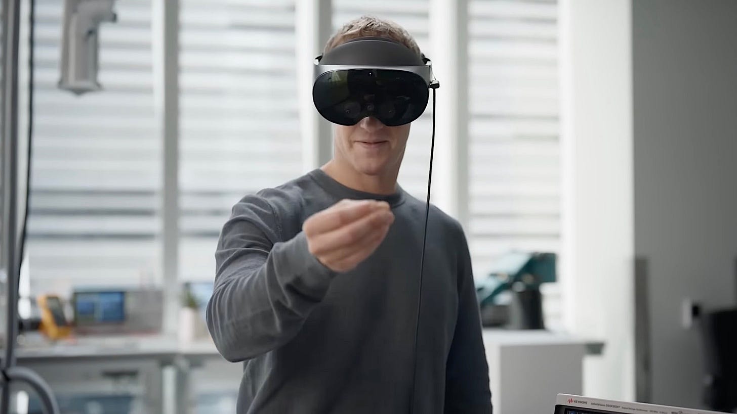 Mark Zuckerberg with a Meta Quest haedset on