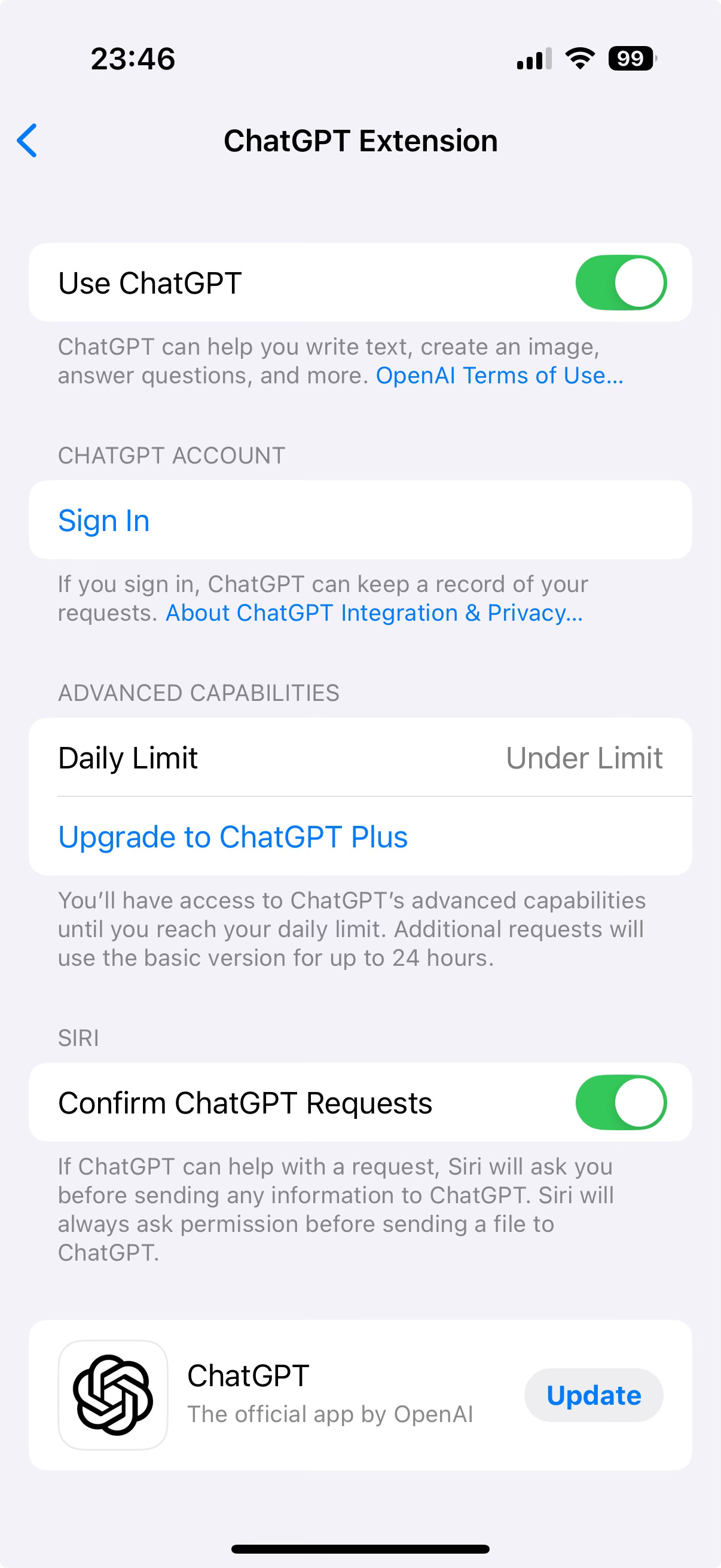 Siri ChatGPT integration settings