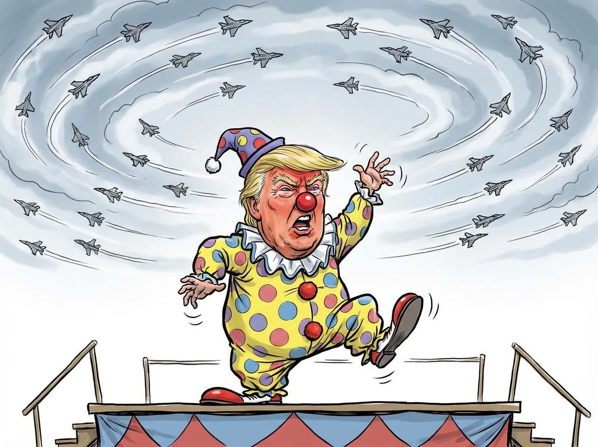 Trump in clown outfit raging, jets circling overhead Trump in clown outfit raging, jets circling overhead