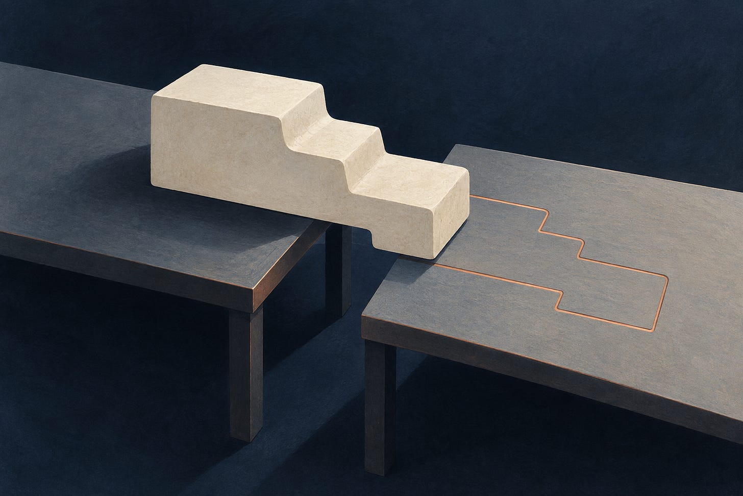 Illustration of a pale stepped block between two worktables. Illustration of a pale stepped block between two worktables.