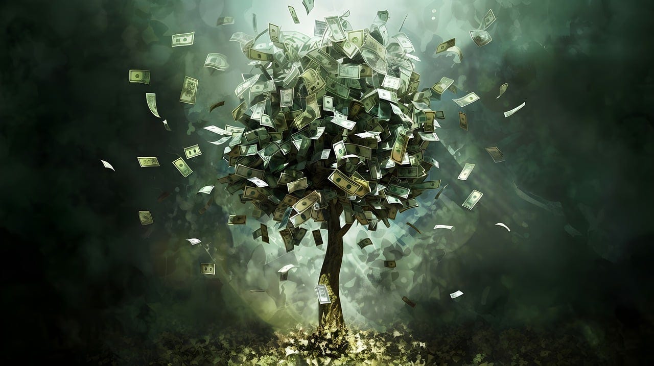 a lovely tree sprouting a lot of dollar bills (make money writing)