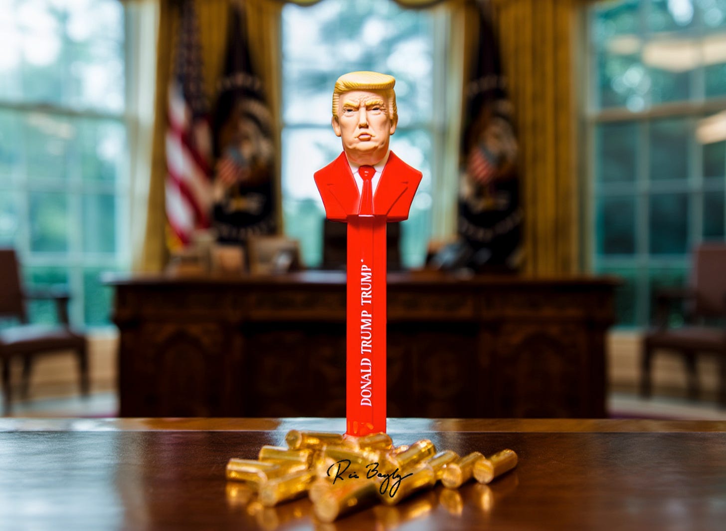 A Donald Trump PEZ dispenser sits on a desk in the Oval Office with gold candies sprinkled at its feet.