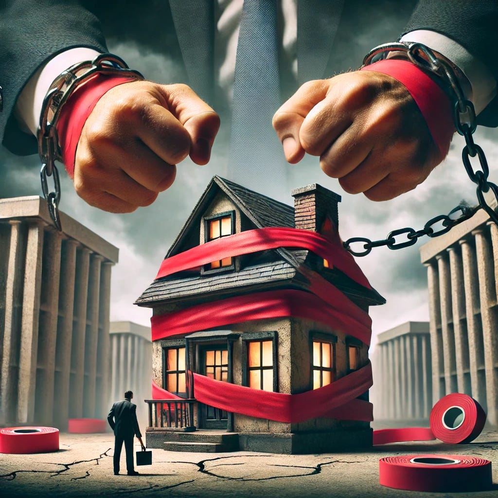 A symbolic image of a small business being suffocated by the government. A business figure, like a small shop or office, is wrapped tightly in red tape, chains, and large hands representing government control, squeezing the business. The business is struggling, with dark clouds overhead and cracks forming on its walls, symbolizing pressure and hardship. In the background, towering government buildings loom, casting long shadows over the business. The atmosphere is tense, with a feeling of being overwhelmed and restricted.