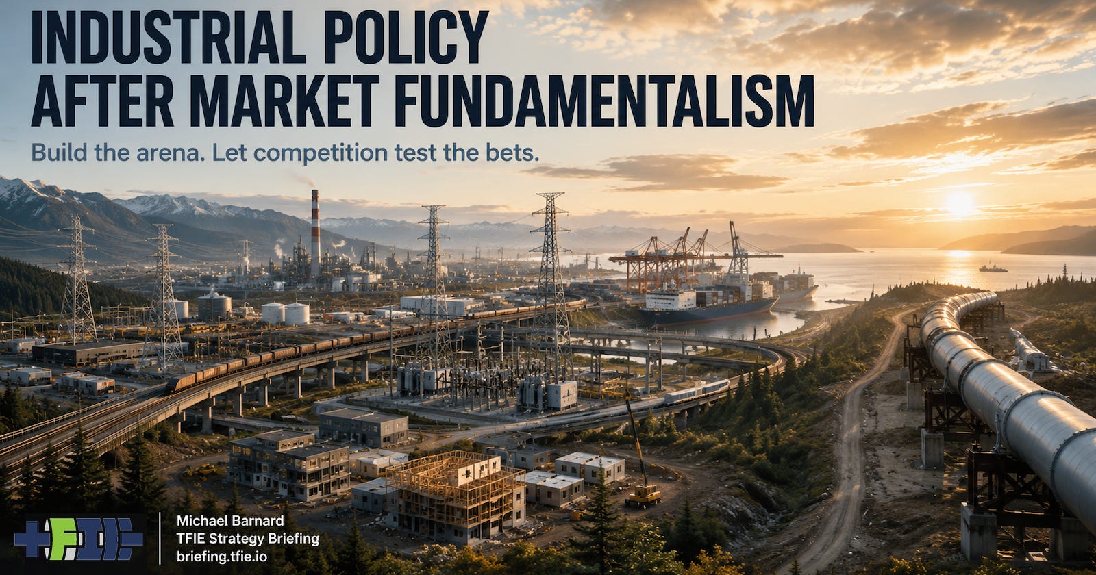 A dramatic Canadian industrial landscape centred on shared electricity lines, ports, railways, housing construction and manufacturing, while a single enormous oil pipeline branches away toward the coast as a much more concentrated public bet.