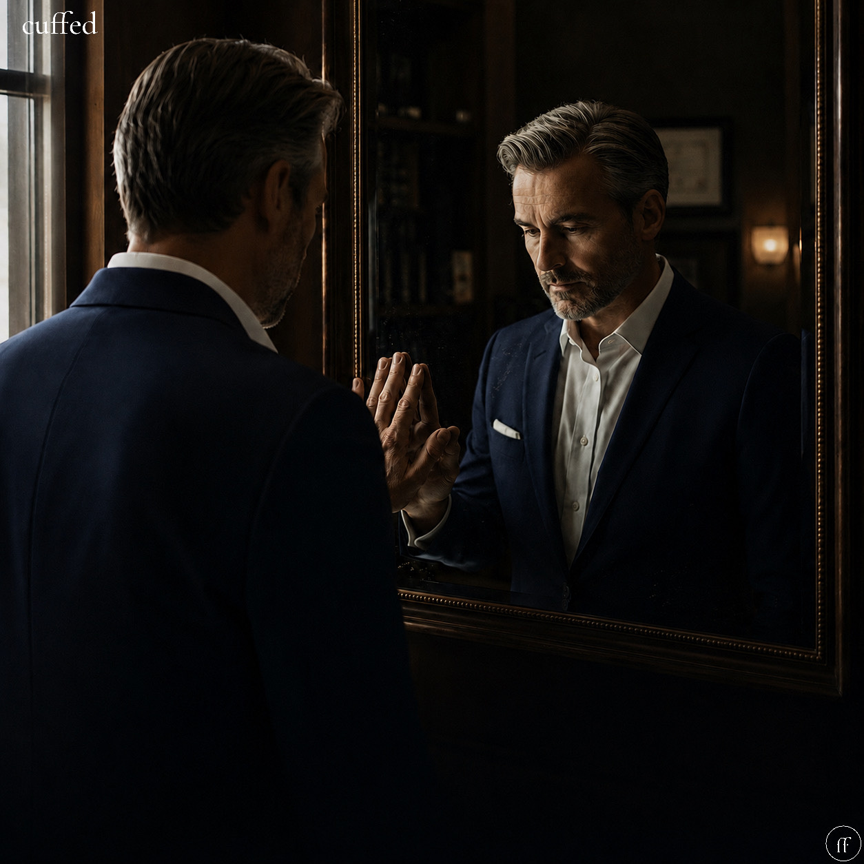a man in a navy suit stands before an ornate mirror in a dimly lit room, hand pressed against the glass, eyes cast downward at his own reflection. chiaroscuro lighting. dark wood interior. mood: confrontation, recognition, masculine introspection. cuffed logo top-left, ff mark bottom-right. self-awareness. male behavior decoded. a man in a navy suit stands before an ornate mirror in a dimly lit room, hand pressed against the glass, eyes cast downward at his own reflection. chiaroscuro lighting. dark wood interior. mood: confrontation, recognition, masculine introspection. cuffed logo top-left, ff mark bottom-right. self-awareness. male behavior decoded.