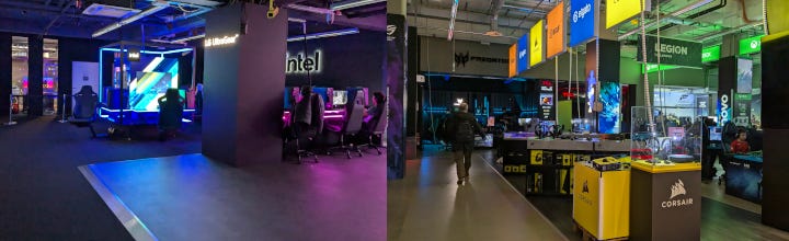 Two picture from inside the XPERION, showing off various gaming brands and areas for playin Two picture from inside the XPERION, showing off various gaming brands and areas for playin