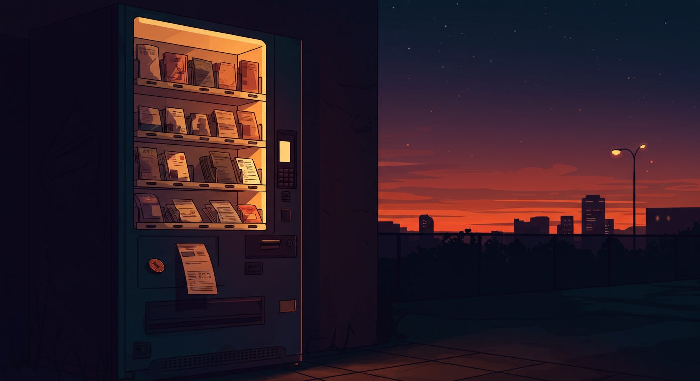 Vending machine dispensing documents at night, symbolizing AI as a killer of traditional brainstorming.