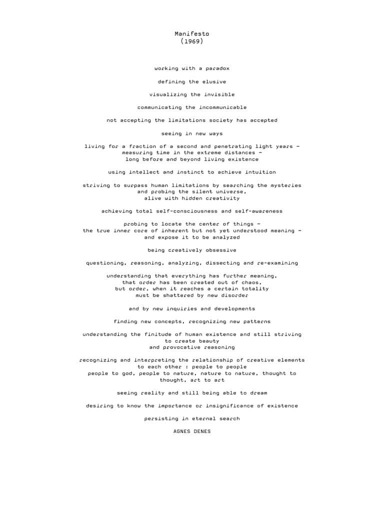 Agnes Denes: A Manifesto for Creation | PDF | Social Science | Philosophy