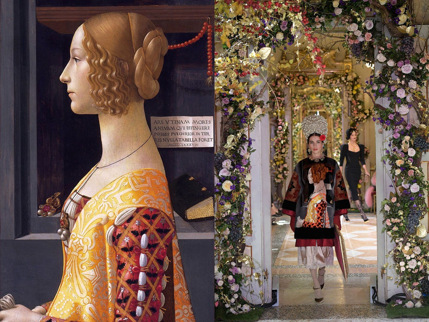 Portrait of Giovanna Tornabuoni (Left) and Dolce and Gabbana dress (right)