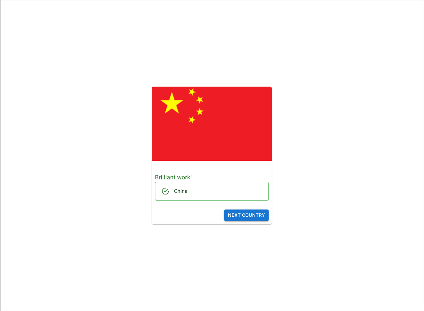 Quiz result showing the flag of China, message “Brilliant work!”, correct answer “China” with a checkmark, and a “Next Country” button.