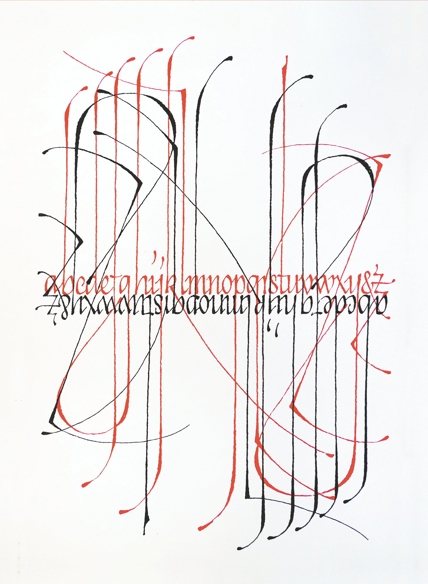 Abstract calligraphy artwork featuring two overlapping alphabets in red and black ink with expressive, looping flourishes and vertical strokes.